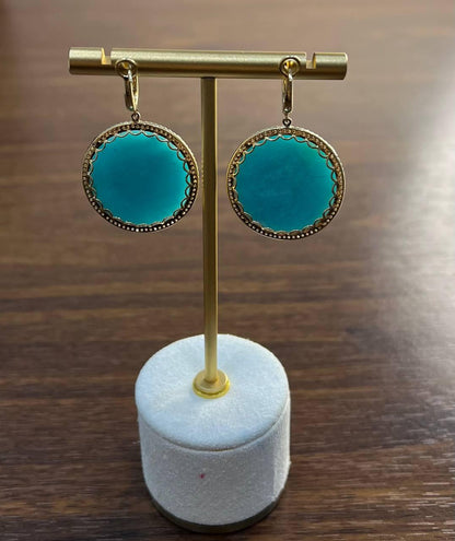 Round Teal Blue Turquoise Cabochon 14K Gold Diamond Halo Statement Drop Earrings