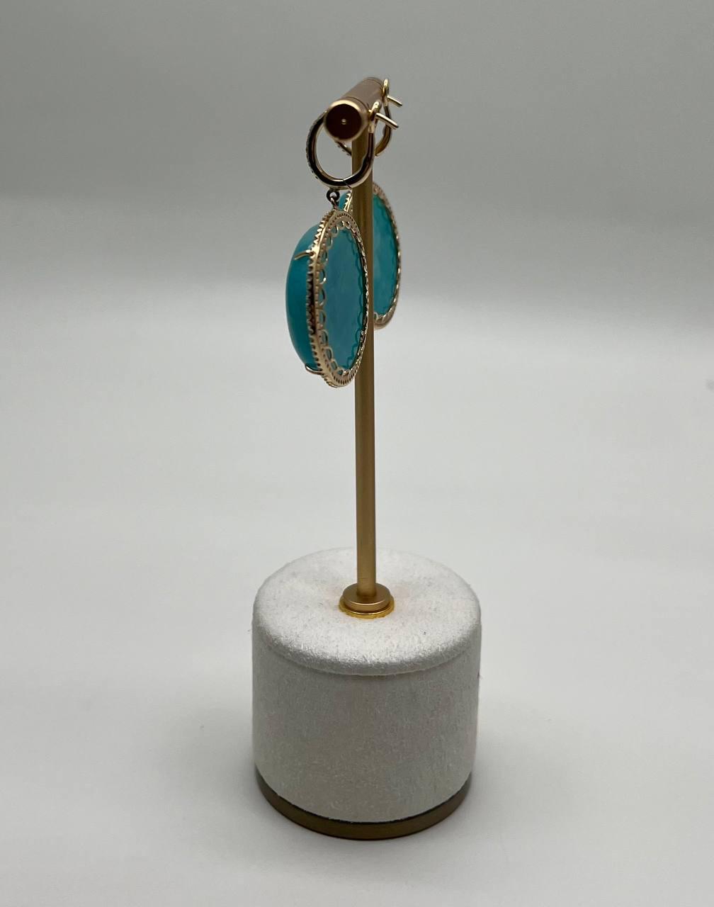 Round Teal Blue Turquoise Cabochon 14K Gold Diamond Halo Statement Drop Earrings