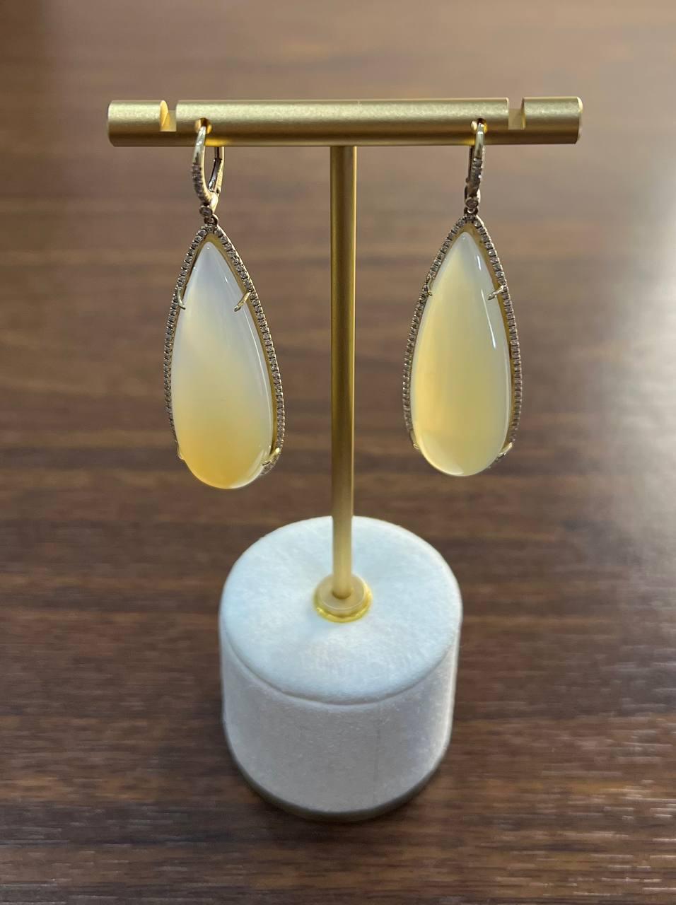 Pear Teardrop White Cabochon Moonstone Diamonds Halo 14K Gold Statement Earrings