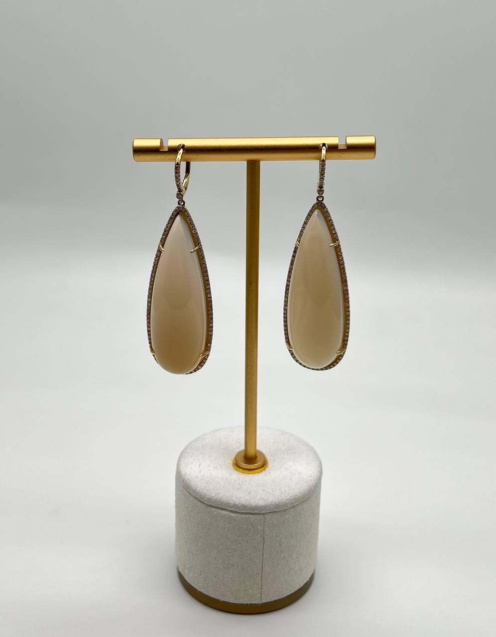 Pear Teardrop White Cabochon Moonstone Diamonds Halo 14K Gold Statement Earrings