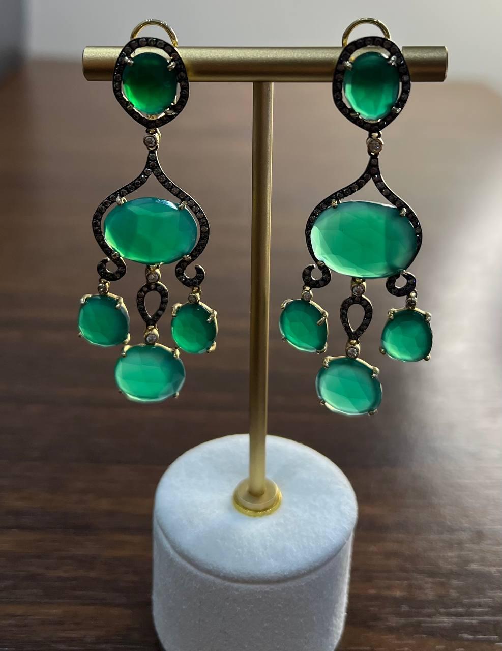 Dark Green Agate Brown Champagne Diamond Halo 14K Gold Statement Drop Earrings