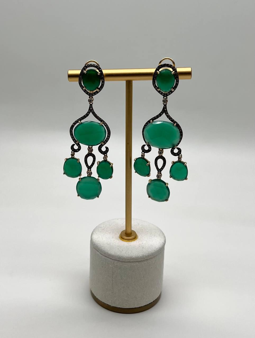 Dark Green Agate Brown Champagne Diamond Halo 14K Gold Statement Drop Earrings