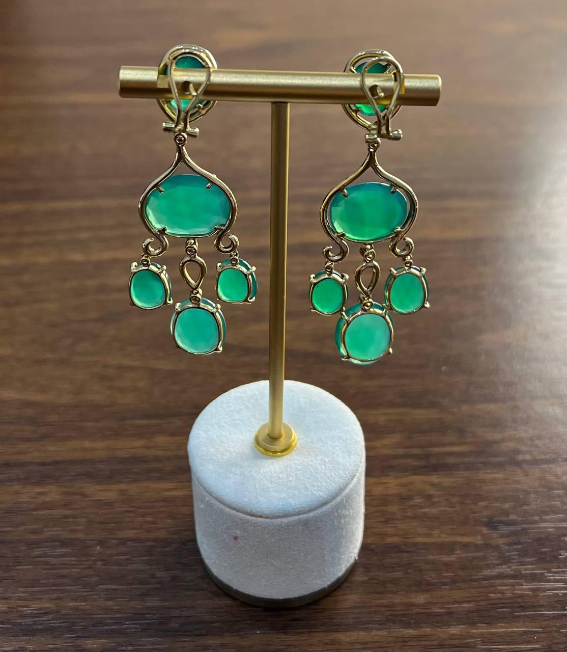 Dark Green Agate Brown Champagne Diamond Halo 14K Gold Statement Drop Earrings