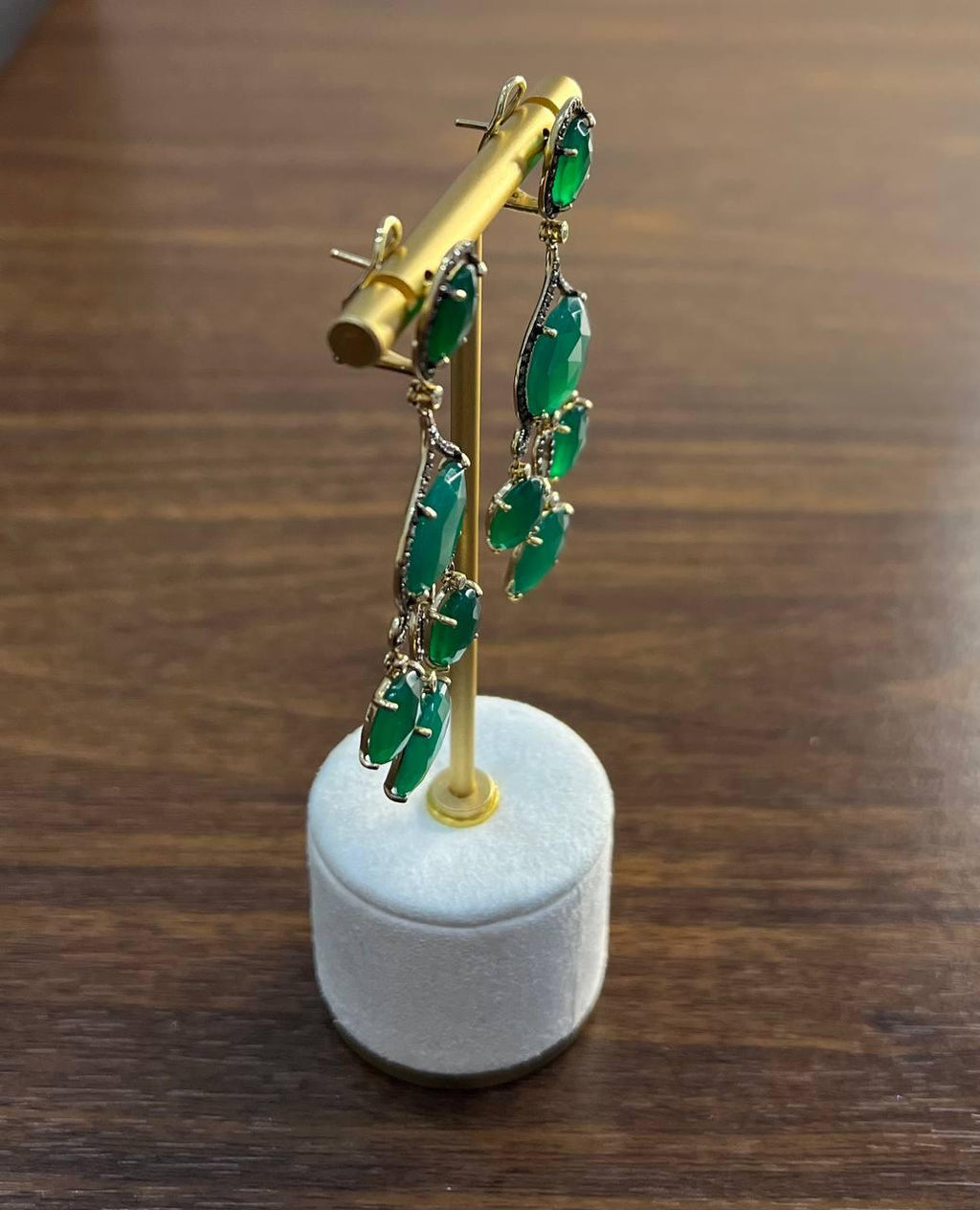Dark Green Agate Brown Champagne Diamond Halo 14K Gold Statement Drop Earrings