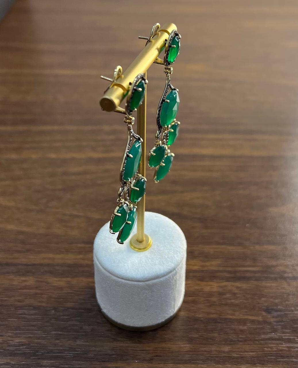 Dark Green Agate Brown Champagne Diamond Halo 14K Gold Statement Drop Earrings