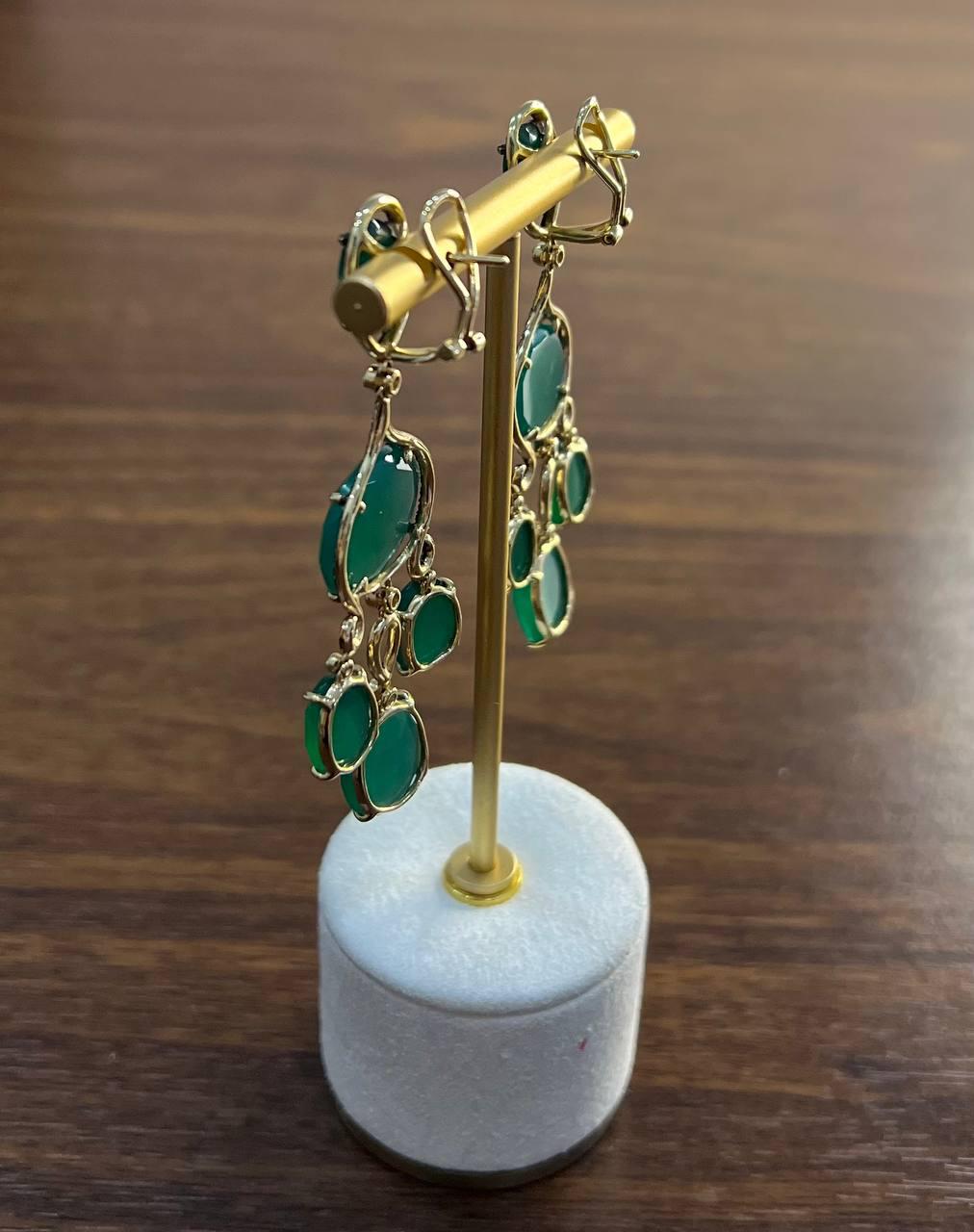 Dark Green Agate Brown Champagne Diamond Halo 14K Gold Statement Drop Earrings
