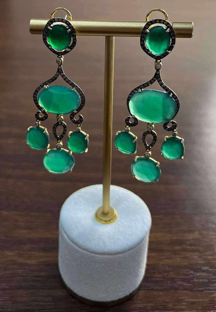 Dark Green Agate Brown Champagne Diamond Halo 14K Gold Statement Drop Earrings
