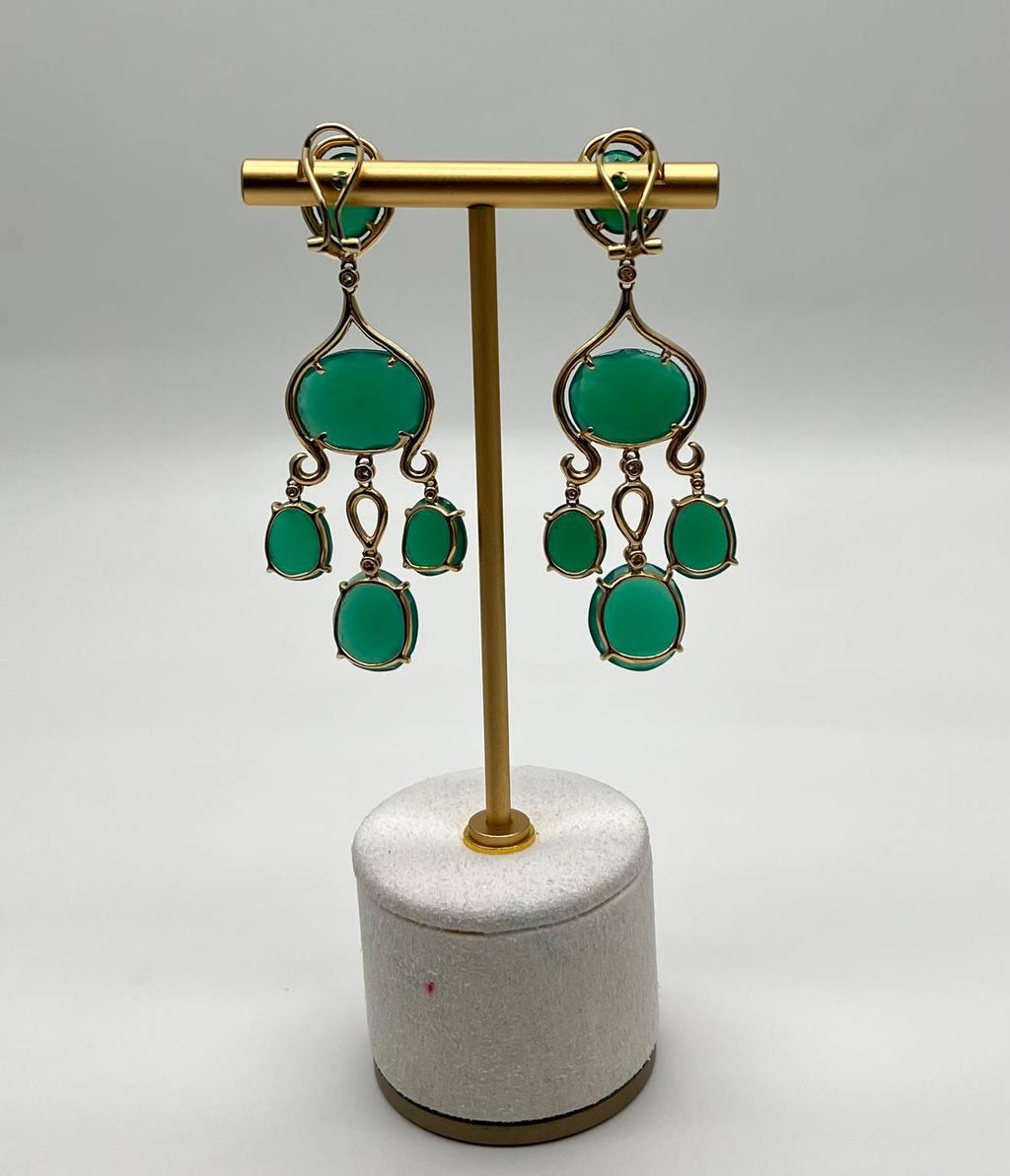 Dark Green Agate Brown Champagne Diamond Halo 14K Gold Statement Drop Earrings