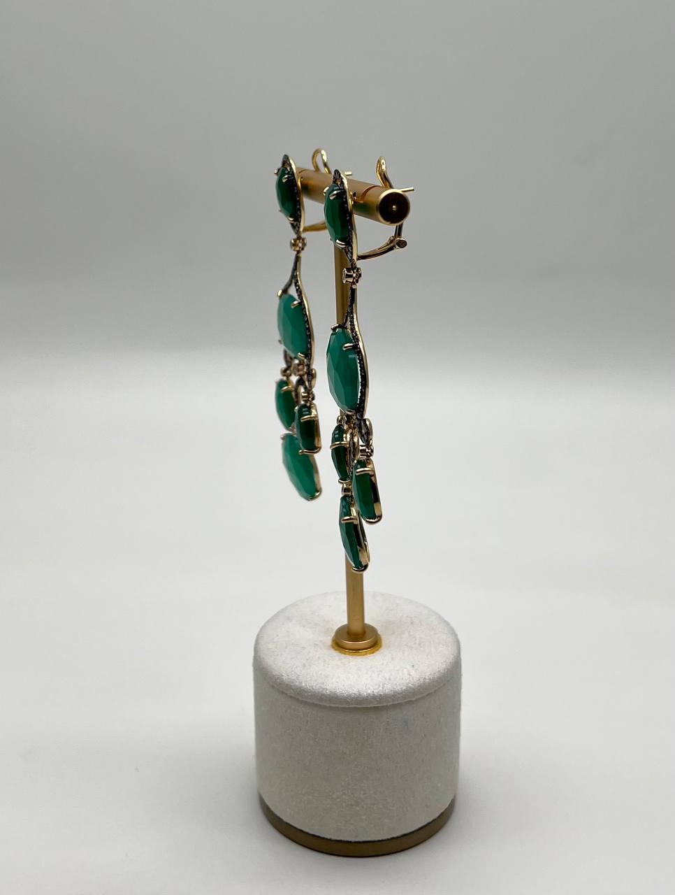 Dark Green Agate Brown Champagne Diamond Halo 14K Gold Statement Drop Earrings