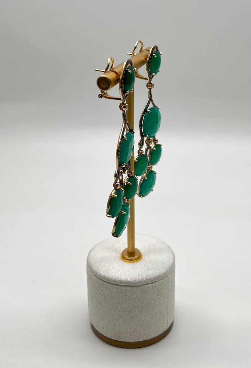 Dark Green Agate Brown Champagne Diamond Halo 14K Gold Statement Drop Earrings