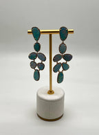 Multi Fancy Shape White Blue Boulder Opals Diamond Halo 18K Gold Drop Earrings