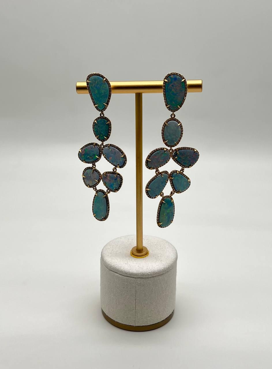 Multi Fancy Shape White Blue Boulder Opals Diamond Halo 18K Gold Drop Earrings