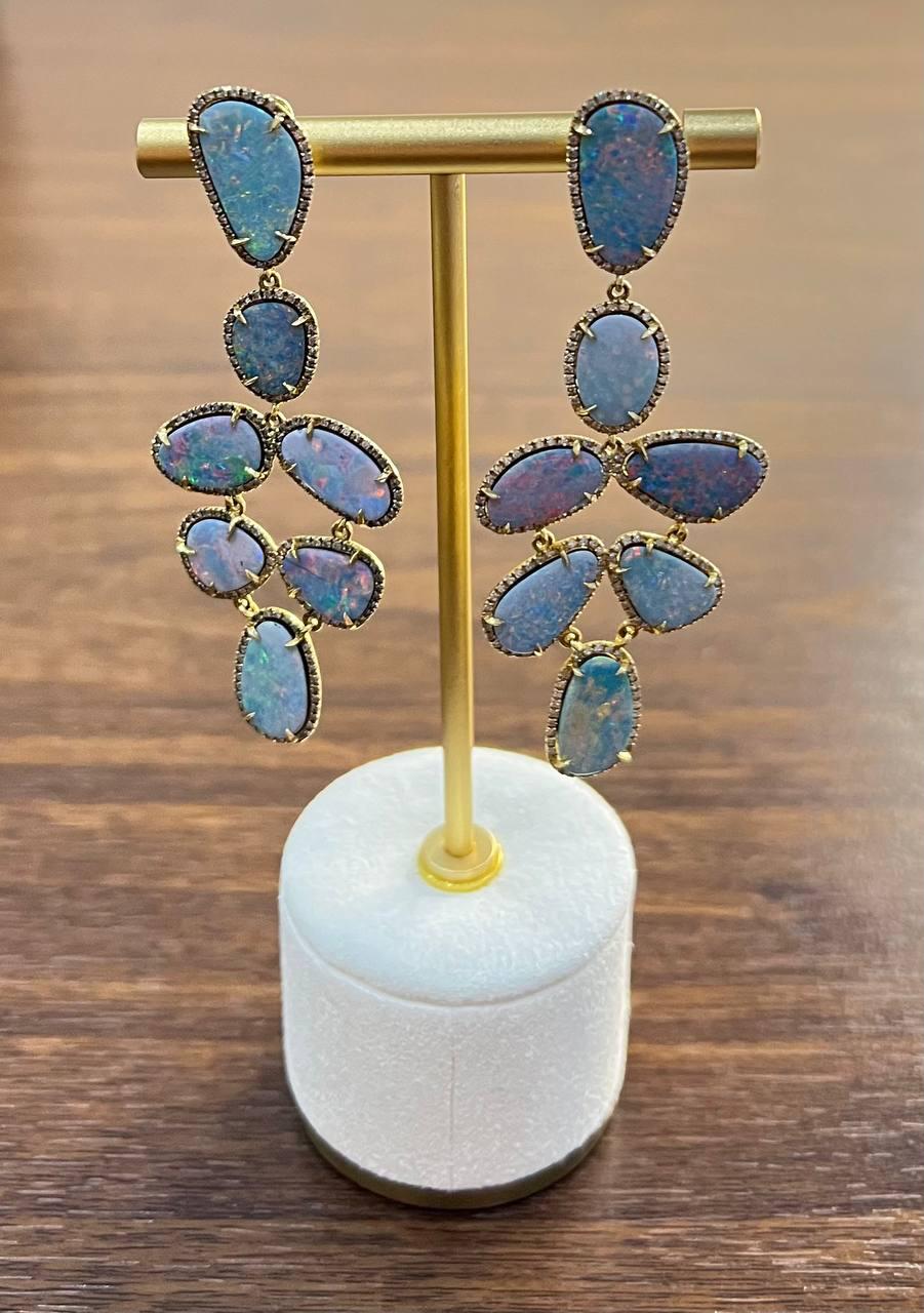 Multi Fancy Shape White Blue Boulder Opals Diamond Halo 18K Gold Drop Earrings