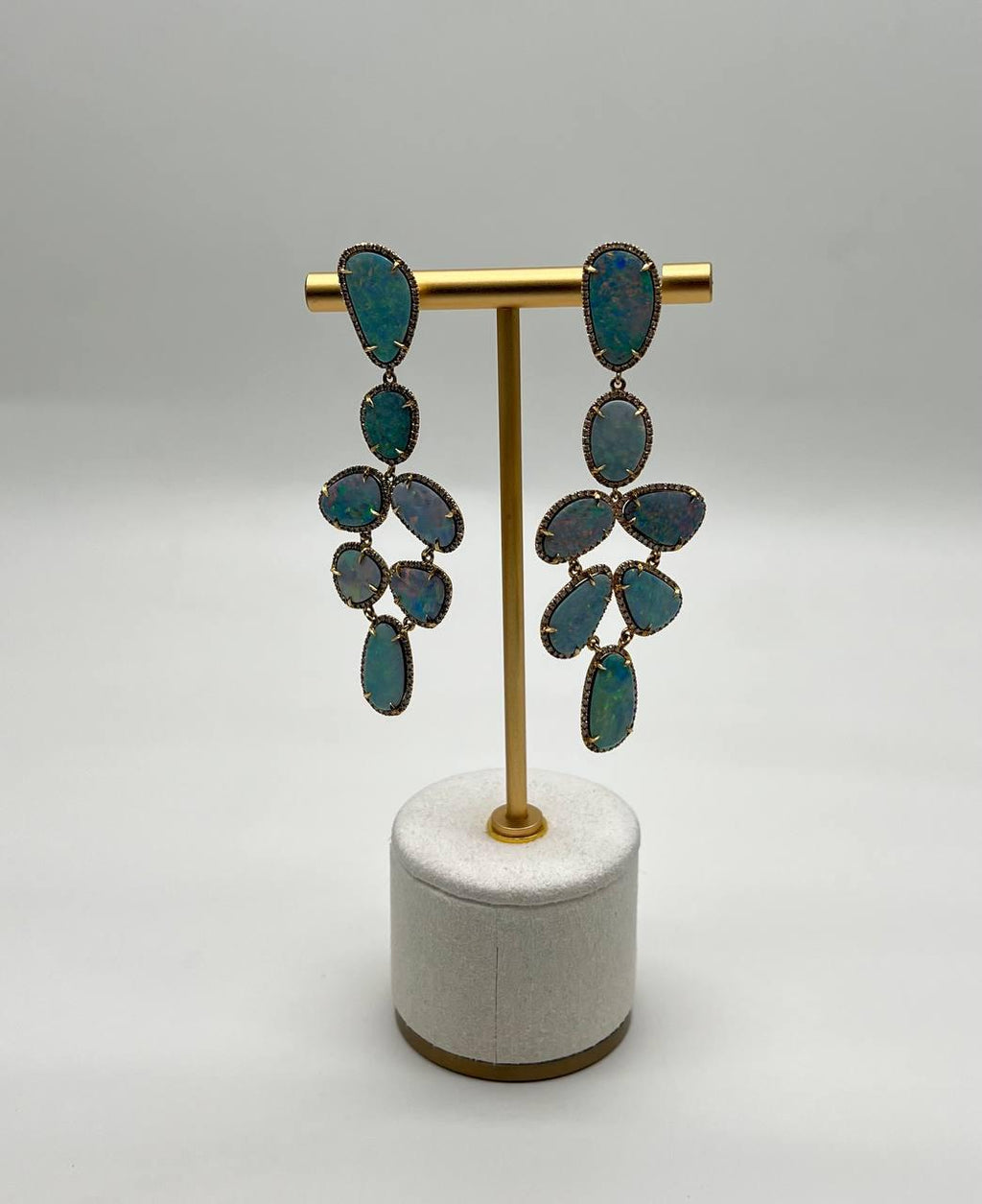Multi Fancy Shape White Blue Boulder Opals Diamond Halo 18K Gold Drop Earrings