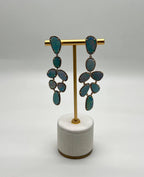 Multi Fancy Shape White Blue Boulder Opals Diamond Halo 18K Gold Drop Earrings