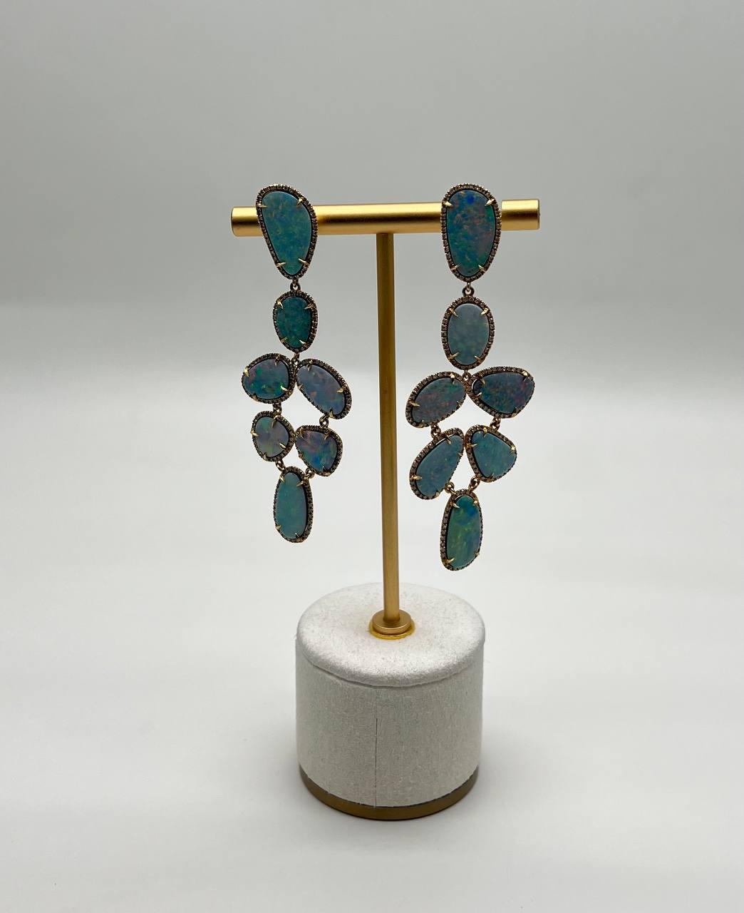 multi fancy shape white blue boulder opals diamond halo 18k gold drop earrings