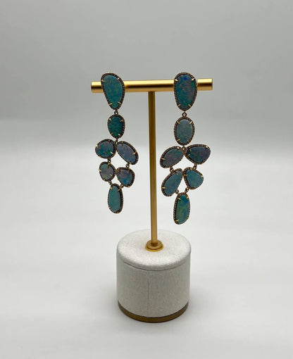 Multi Fancy Shape White Blue Boulder Opals Diamond Halo 18K Gold Drop Earrings