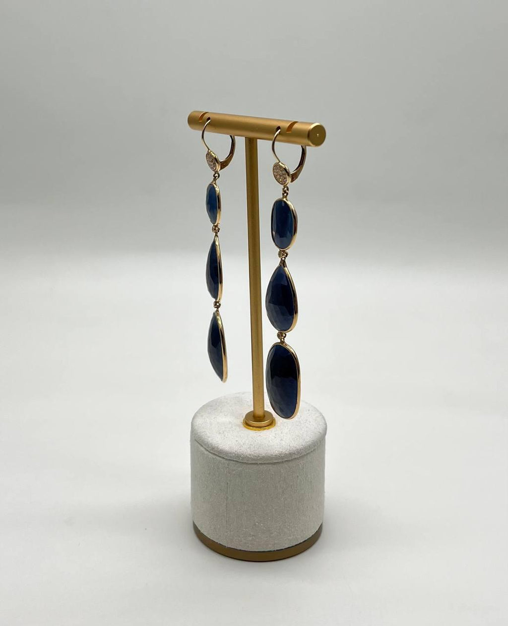 Blue Sapphire Faceted Cabochon Slices Diamonds 14K Gold Drop Statement Earrings