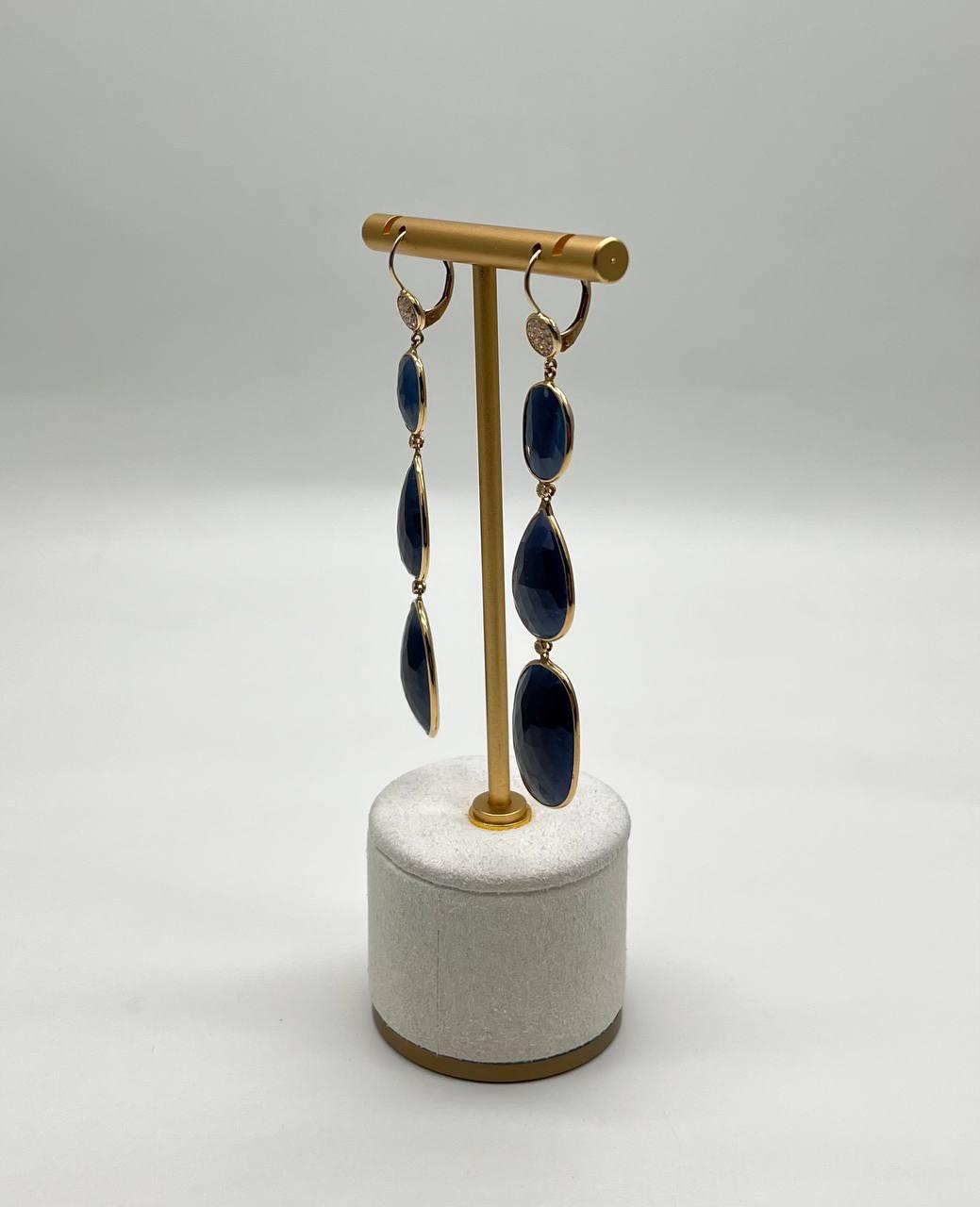 Blue Sapphire Faceted Cabochon Slices Diamonds 14K Gold Drop Statement Earrings