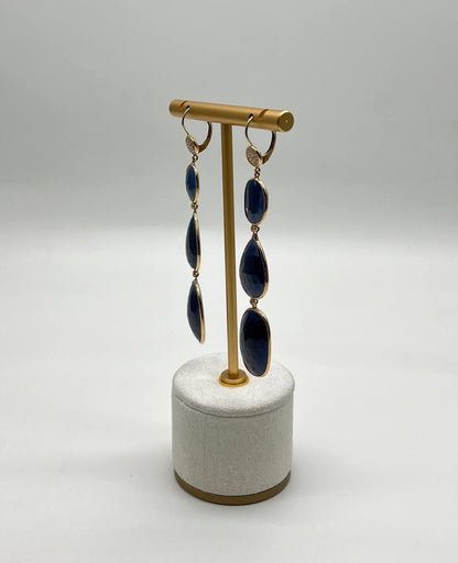 Blue Sapphire Faceted Cabochon Slices Diamonds 14K Gold Drop Statement Earrings