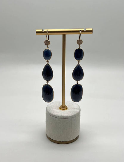 Blue Sapphire Faceted Cabochon Slices Diamonds 14K Gold Drop Statement Earrings