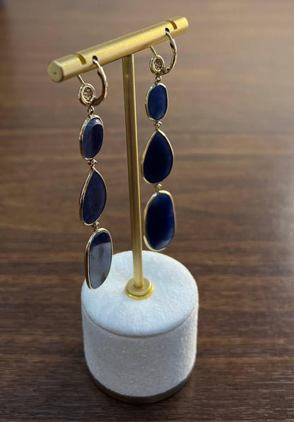 Blue Sapphire Faceted Cabochon Slices Diamonds 14K Gold Drop Statement Earrings