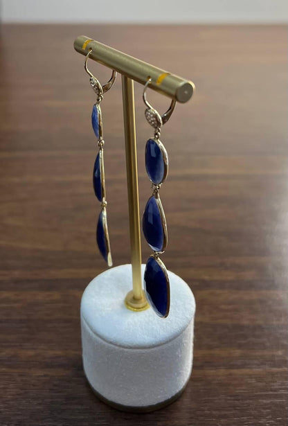 Blue Sapphire Faceted Cabochon Slices Diamonds 14K Gold Drop Statement Earrings