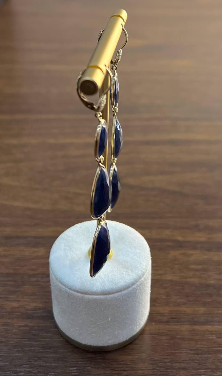 Blue Sapphire Faceted Cabochon Slices Diamonds 14K Gold Drop Statement Earrings