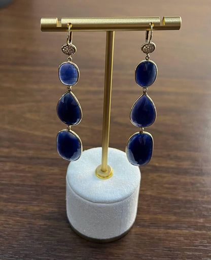 Blue Sapphire Faceted Cabochon Slices Diamonds 14K Gold Drop Statement Earrings
