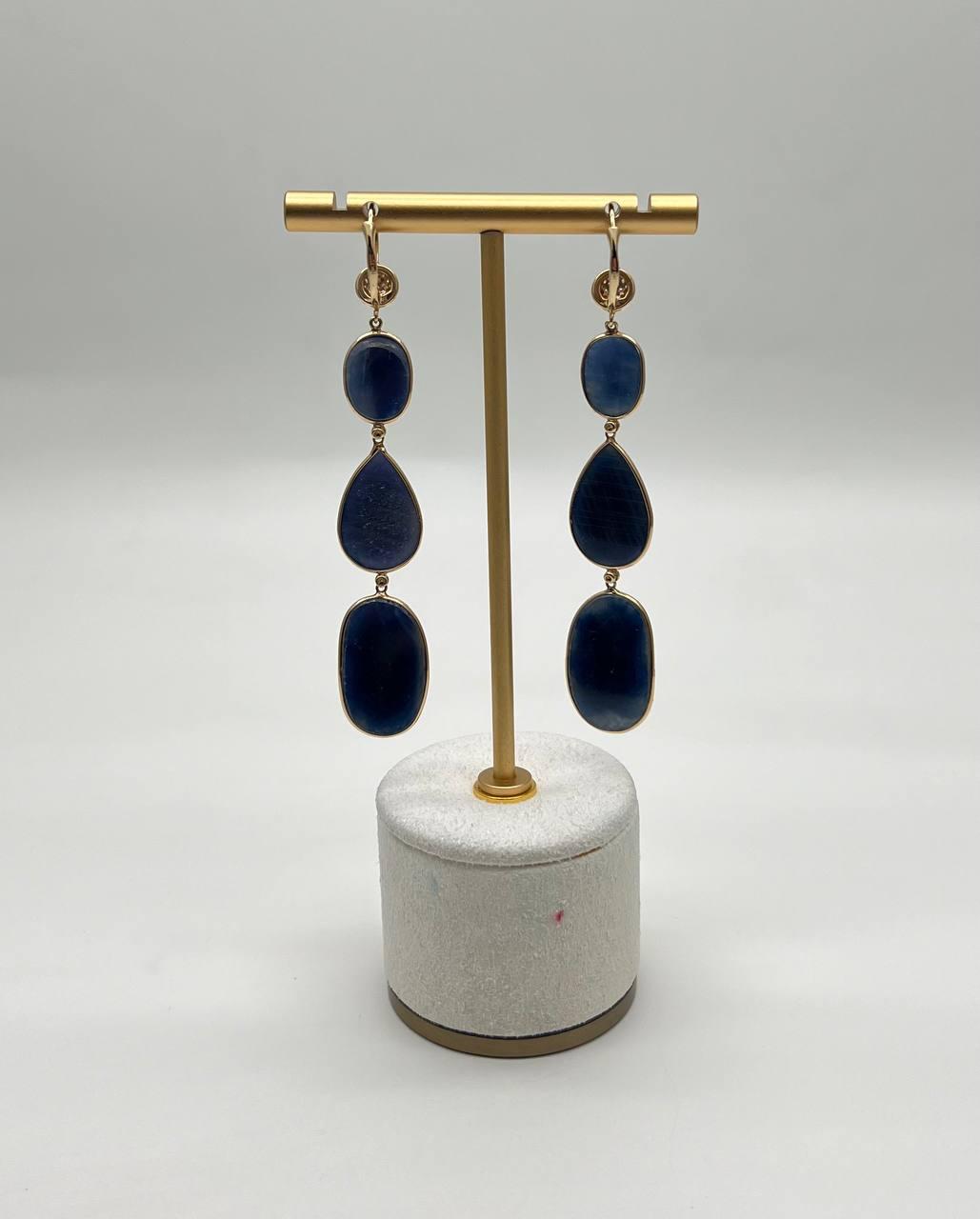 Blue Sapphire Faceted Cabochon Slices Diamonds 14K Gold Drop Statement Earrings