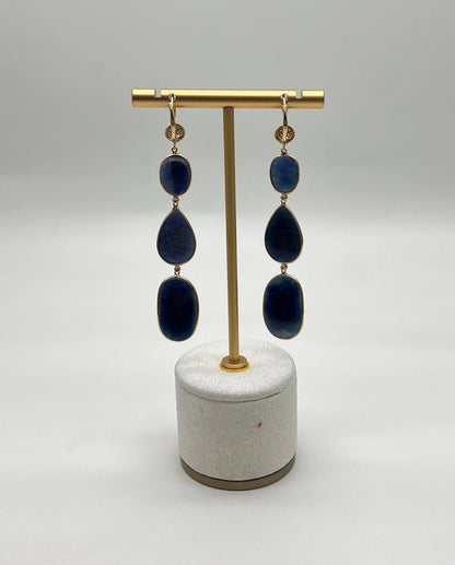 Blue Sapphire Faceted Cabochon Slices Diamonds 14K Gold Drop Statement Earrings