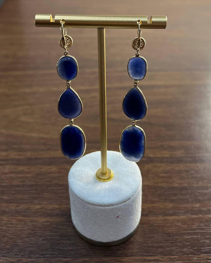 Blue Sapphire Faceted Cabochon Slices Diamonds 14K Gold Drop Statement Earrings