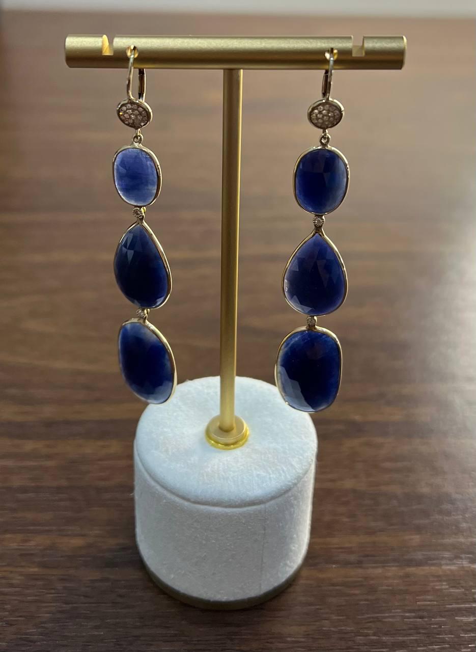 Blue Sapphire Faceted Cabochon Slices Diamonds 14K Gold Drop Statement Earrings