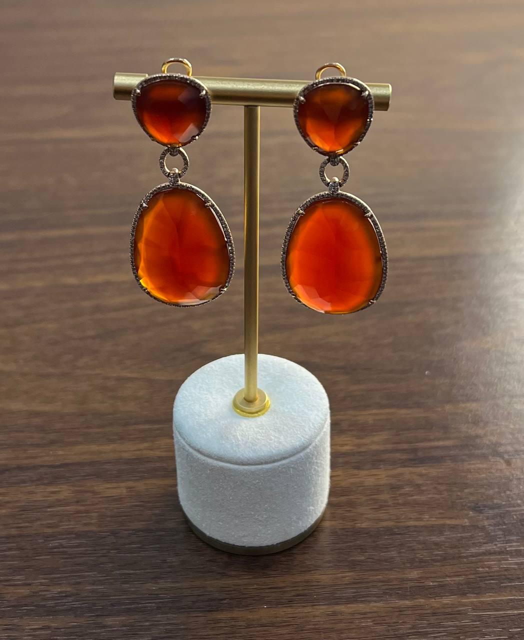 drop shape orange red carnelian diamond halo 14k yellow gold statement earrings