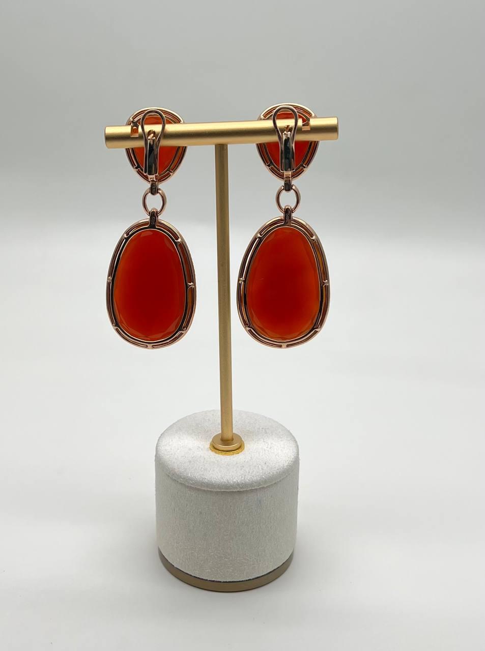 Drop Shape Orange Red Carnelian Diamond Halo 14K Yellow Gold Statement Earrings