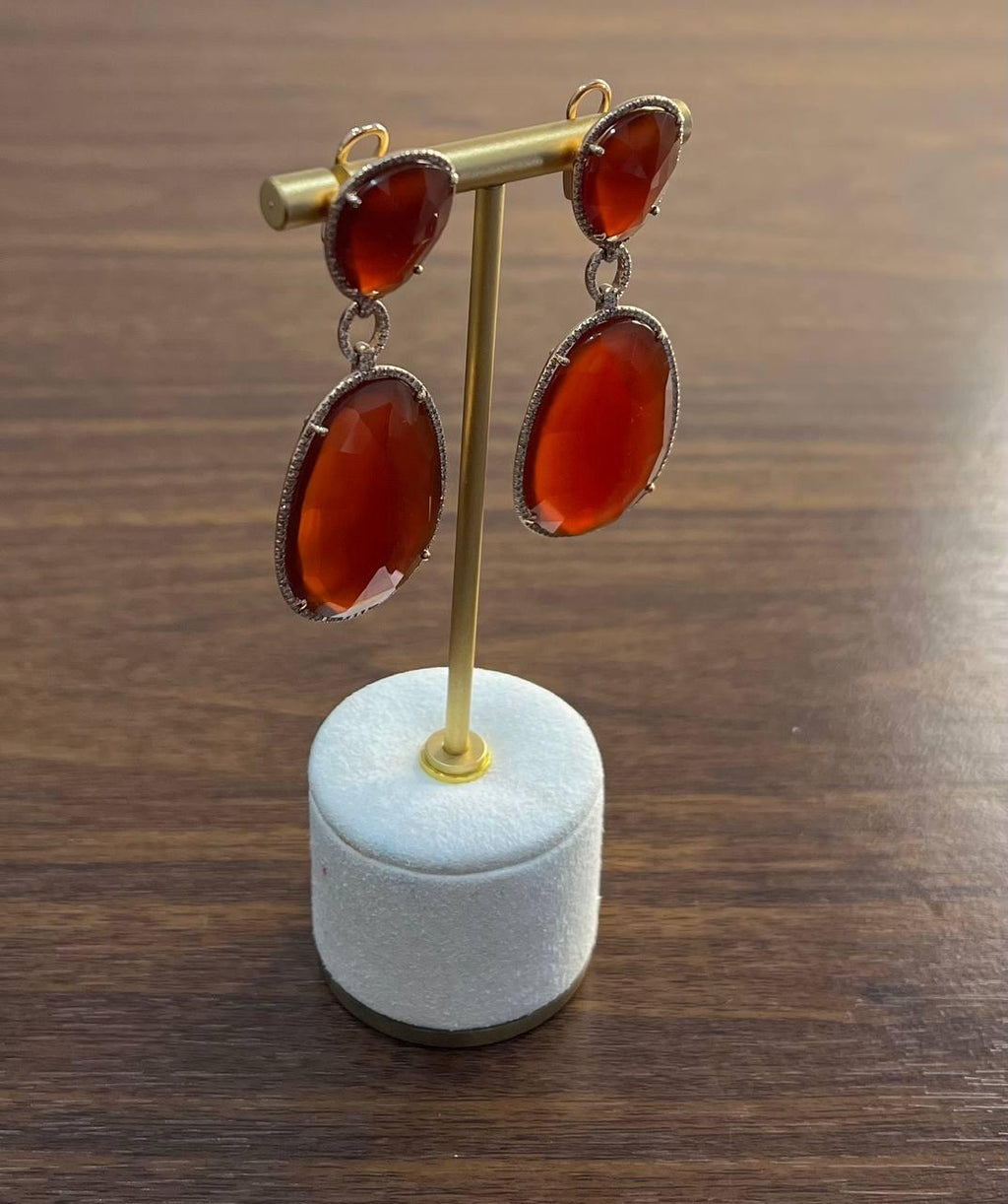 Drop Shape Orange Red Carnelian Diamond Halo 14K Yellow Gold Statement Earrings