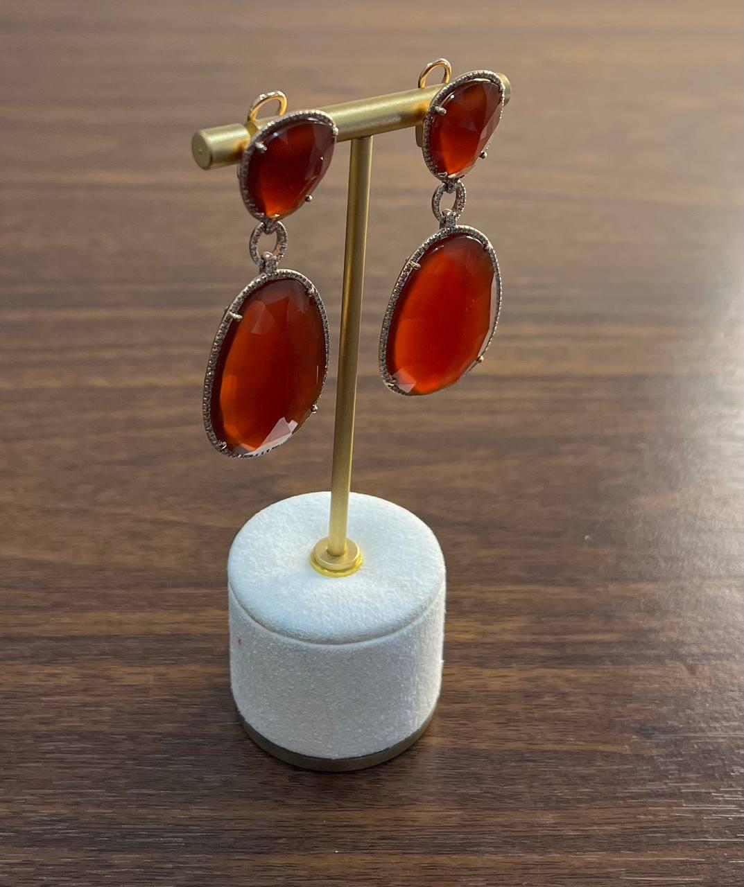 Drop Shape Orange Red Carnelian Diamond Halo 14K Yellow Gold Statement Earrings