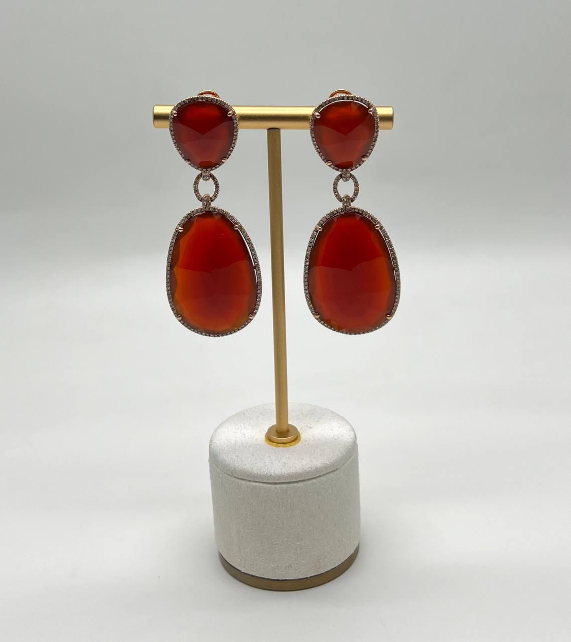 drop shape orange red carnelian diamond halo 14k yellow gold statement earrings