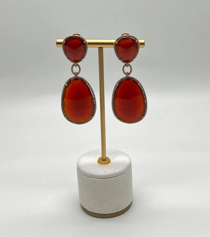 Drop Shape Orange Red Carnelian Diamond Halo 14K Yellow Gold Statement Earrings