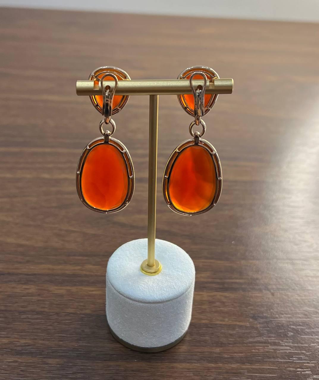 Drop Shape Orange Red Carnelian Diamond Halo 14K Yellow Gold Statement Earrings