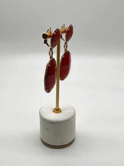 Drop Shape Orange Red Carnelian Diamond Halo 14K Yellow Gold Statement Earrings