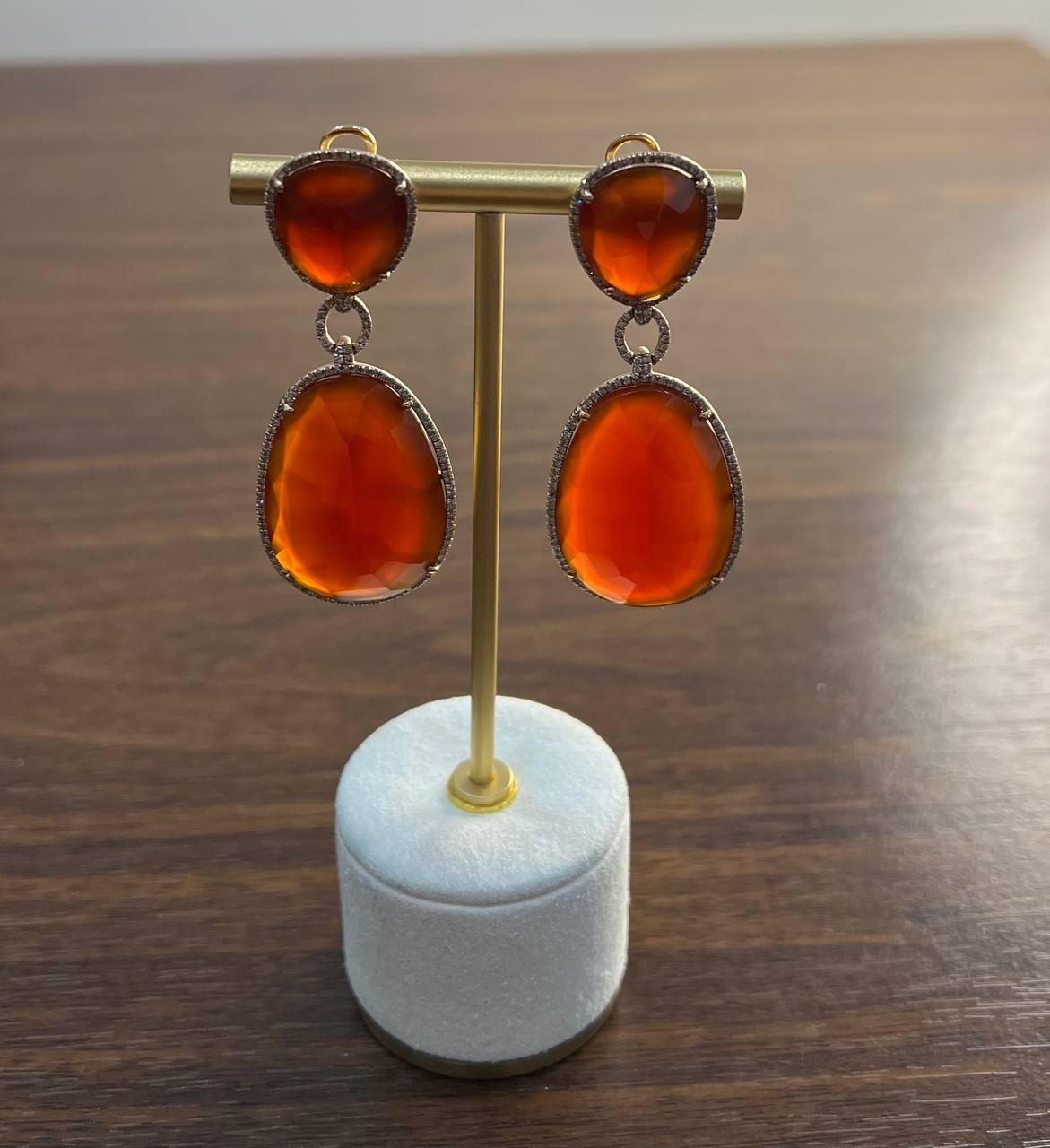 Drop Shape Orange Red Carnelian Diamond Halo 14K Yellow Gold Statement Earrings