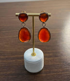 Drop Shape Orange Red Carnelian Diamond Halo 14K Yellow Gold Statement Earrings