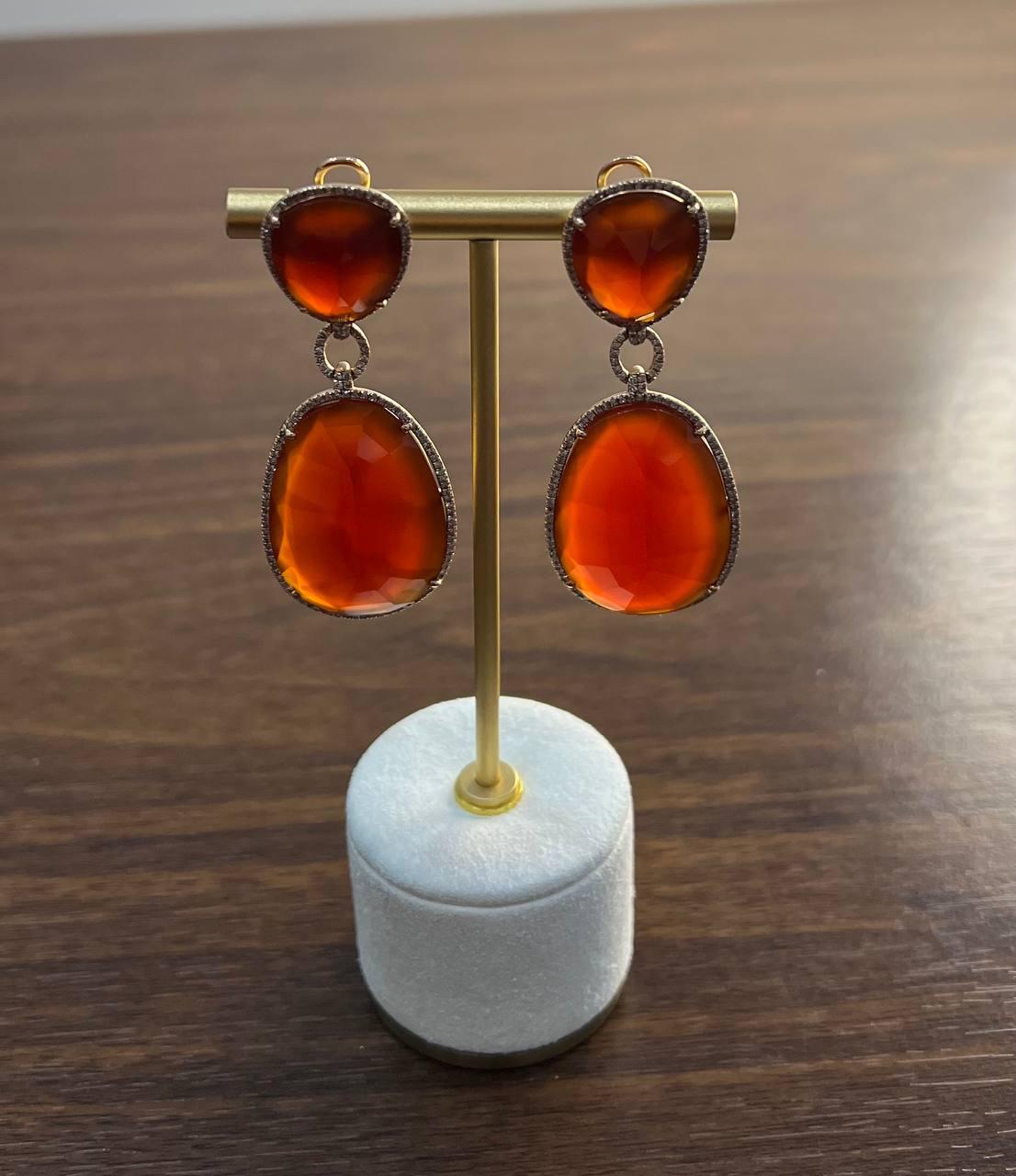 Drop Shape Orange Red Carnelian Diamond Halo 14K Yellow Gold Statement Earrings