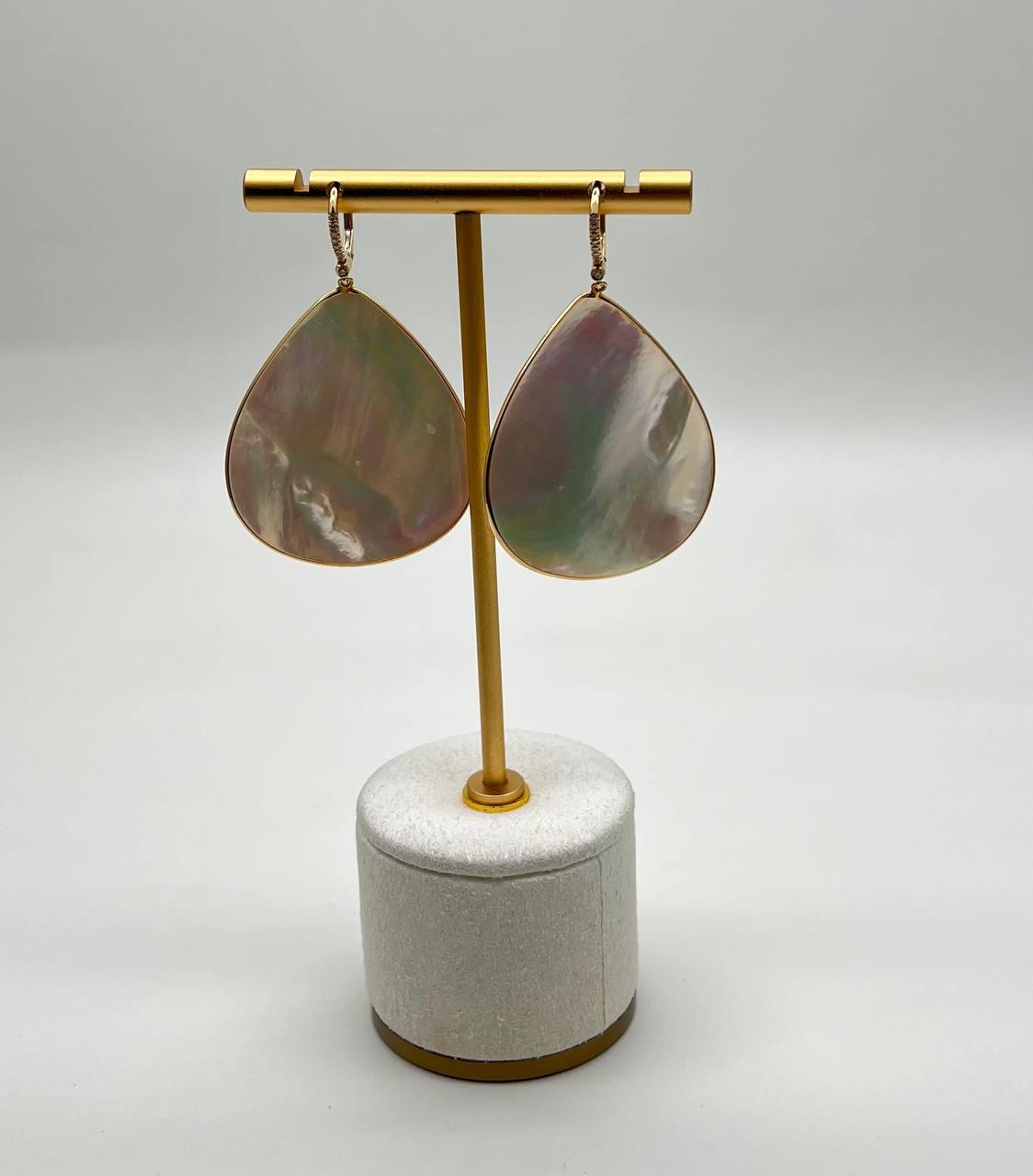 White Mother of Pearl White Diamonds Halo 14K Yellow Gold Statement Earrings