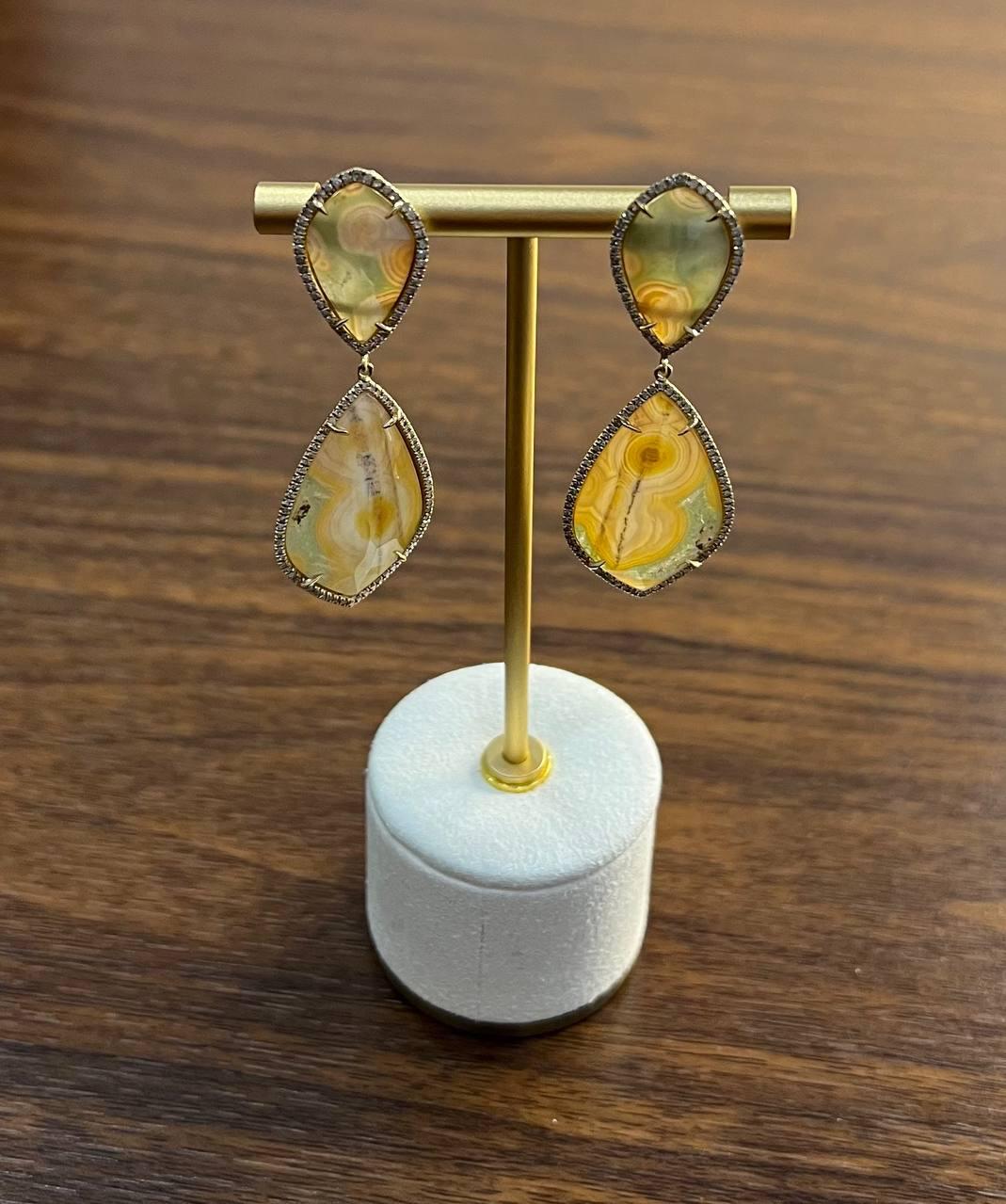 Earthy Tones Brown Green Pattern Quartz Diamond Halo 14K Gold Statement Earrings