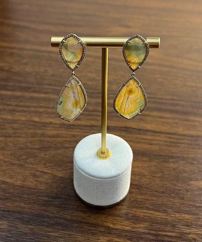 Earthy Tones Brown Green Pattern Quartz Diamond Halo 14K Gold Statement Earrings