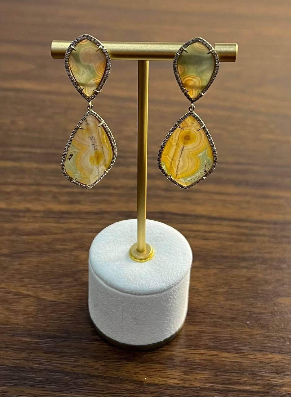 Earthy Tones Brown Green Pattern Quartz Diamond Halo 14K Gold Statement Earrings