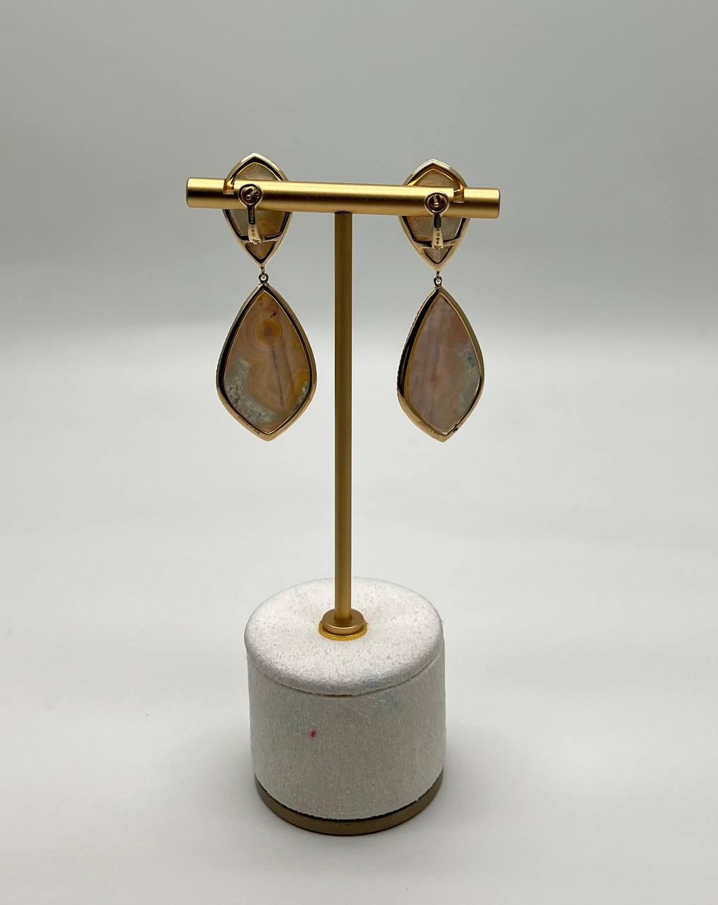 Earthy Tones Brown Green Pattern Quartz Diamond Halo 14K Gold Statement Earrings