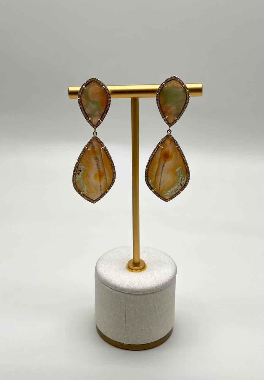 Earthy Tones Brown Green Pattern Quartz Diamond Halo 14K Gold Statement Earrings